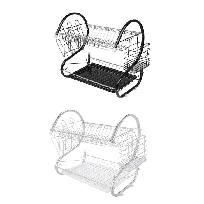 MAXPERKX 2 Tiers Dish Drainer Rack With Drip Tray - Kitchen Drying Bowl Plate Holder Stand