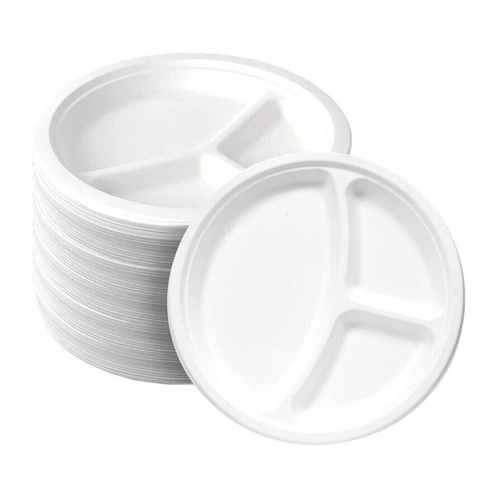 MAXPERKX 10-inch Disposable 3 Compartment Plastic Plates Catering Wedding Bowls - 50pcs