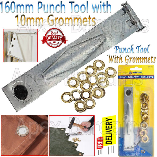 MAXPERKX Eyelet Punch Tool 160mm with 20pcs 10mm Brass-Plated Eyelets Grommets Washers