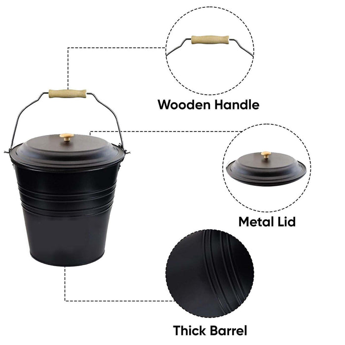 MAXPERKX 12L Metal Ash Bucket Fireside Storage Coal Bin Fire Log Container With Lid - Black