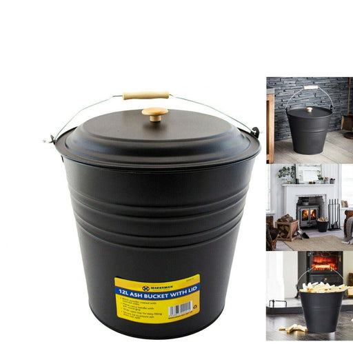 MAXPERKX 12L Metal Ash Bucket Fireside Storage Coal Bin Fire Log Container With Lid - Black