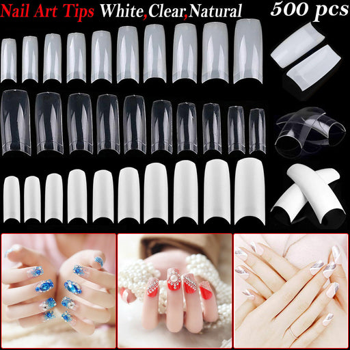 UV gel nail tips in white, clear, and natural shades for nail art