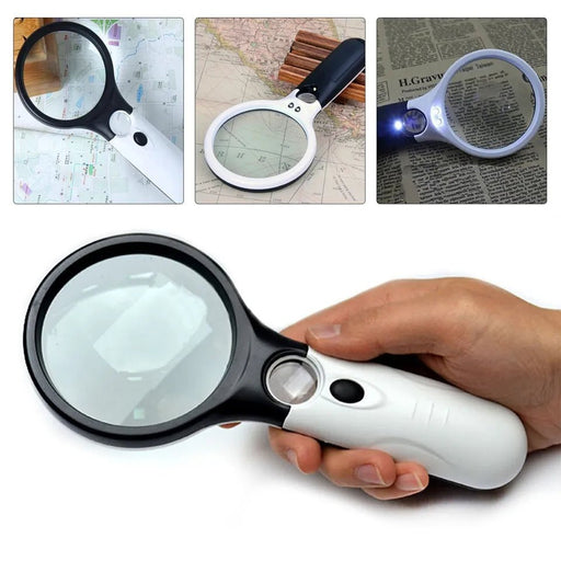 APXB 45X handheld magnifier showing its ergonomic handle and button for the LED lights