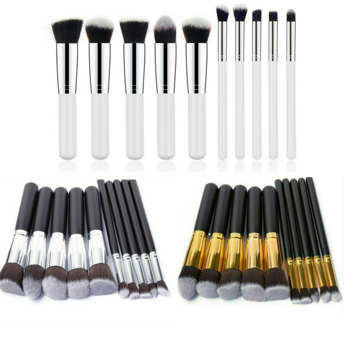 Set of 10 Kabuki makeup brushes for eye shadow, face contour, and blusher