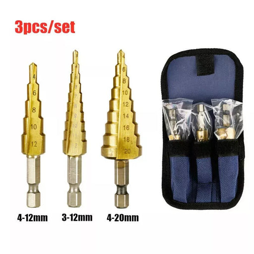 MAXPERKX 3pcs HSS Step Cone Drill Titanium Bit Set with Pouch