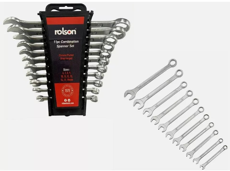 The entire Rolson Combination Spanner Set (11pcs, 6-19mm) displayed