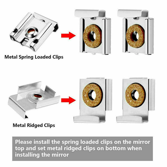 Unframed mirror wall hanging kit featuring chrome clips