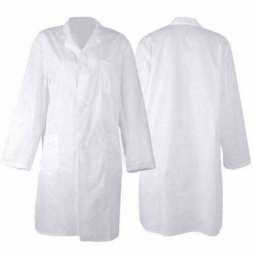 Side view of a white lab coat with pockets and buttons