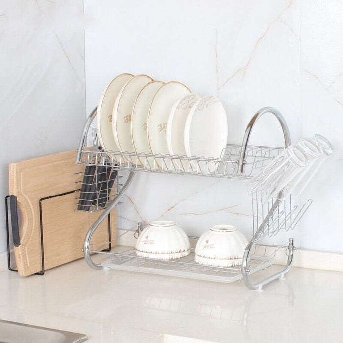 MAXPERKX 2 Tiers Dish Drainer Rack With Drip Tray - Kitchen Drying Bowl Plate Holder Stand