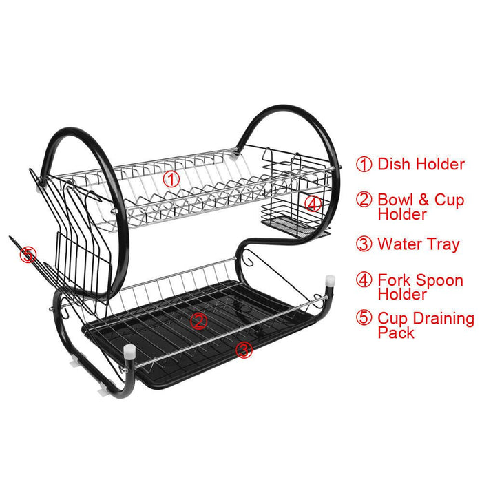 MAXPERKX 2 Tiers Dish Drainer Rack With Drip Tray - Kitchen Drying Bowl Plate Holder Stand