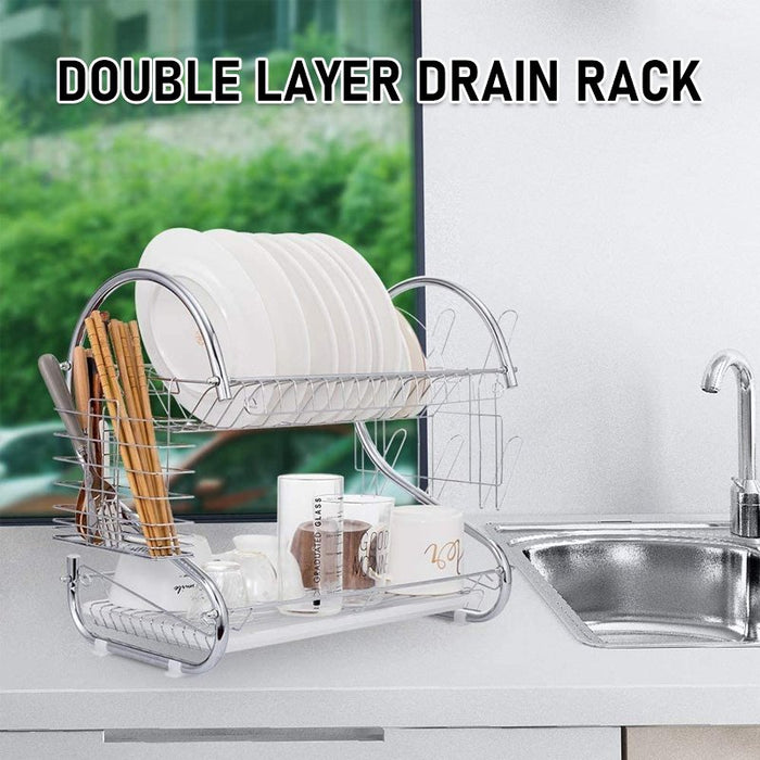 MAXPERKX 2 Tiers Dish Drainer Rack With Drip Tray - Kitchen Drying Bowl Plate Holder Stand