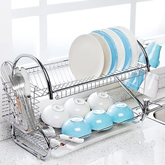 MAXPERKX 2 Tiers Dish Drainer Rack With Drip Tray - Kitchen Drying Bowl Plate Holder Stand