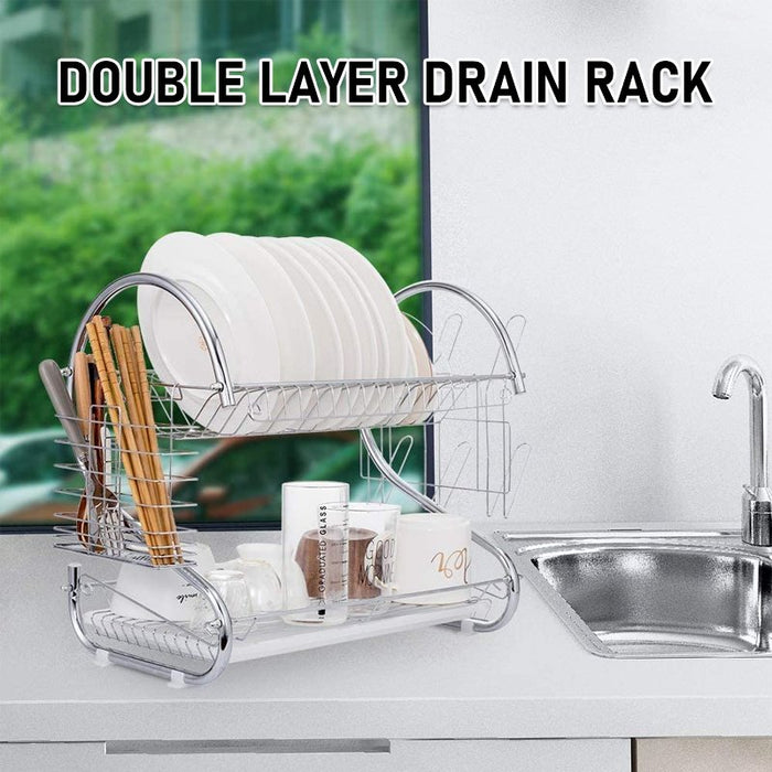 MAXPERKX 2 Tiers Dish Drainer Rack - Kitchen Drying Bowl Plate Holder Stand With Drip Tray