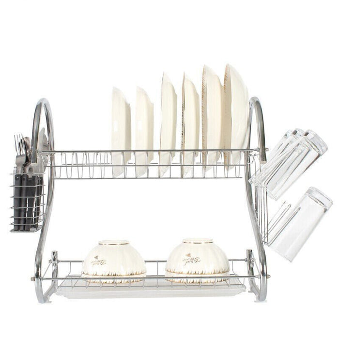 MAXPERKX 2 Tiers Dish Drainer Rack - Kitchen Drying Bowl Plate Holder Stand With Drip Tray