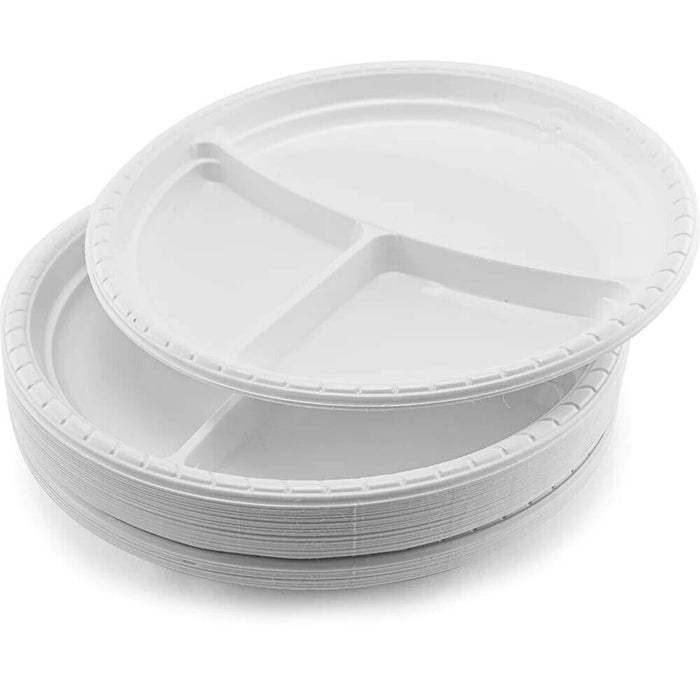 MAXPERKX 10-inch Disposable 3 Compartment Plastic Plates Catering Wedding Bowls - 50pcs