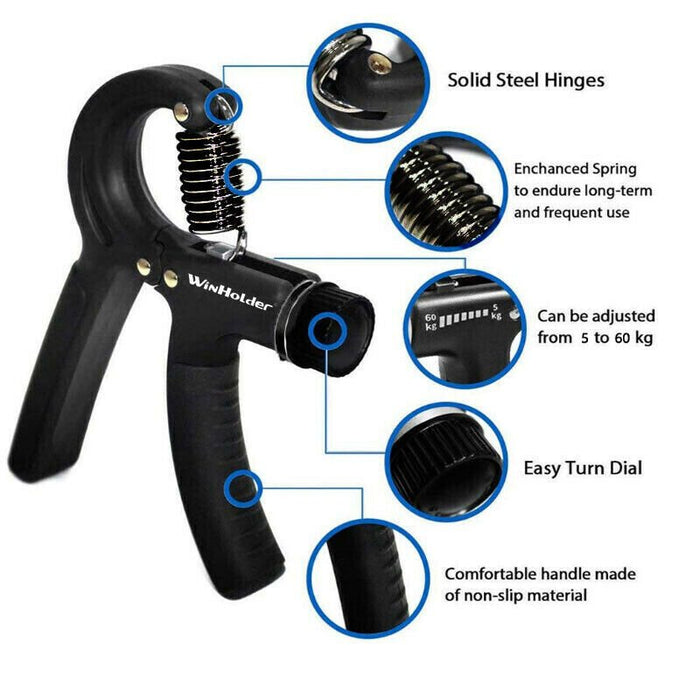 Adjustable hand grip strengthener for wrist and forearm exercise.