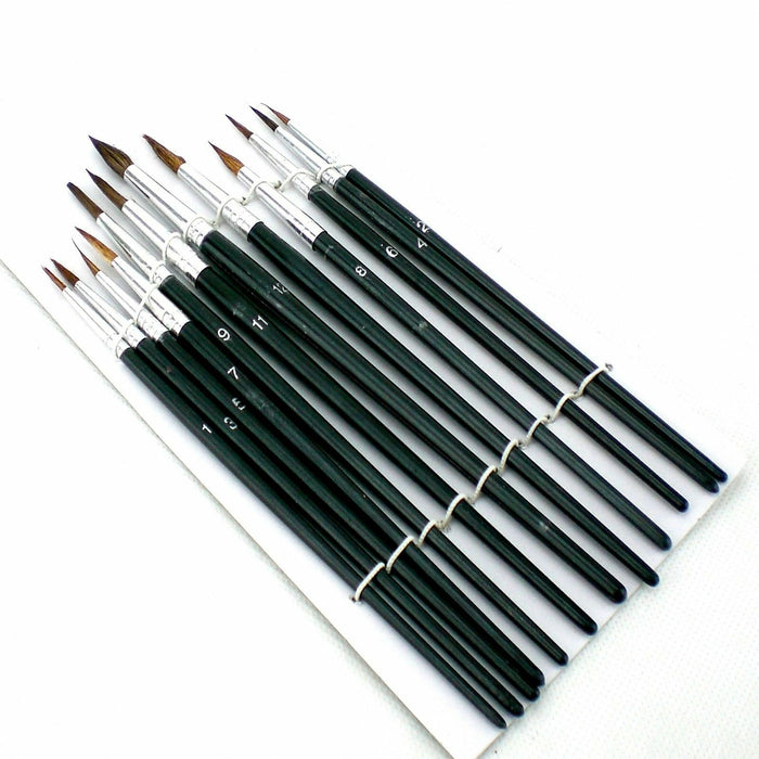 Close-up of the 12 different sizes of brushes in the set, highlighting their variety