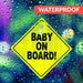 Bright yellow car warning sign for child and baby on board