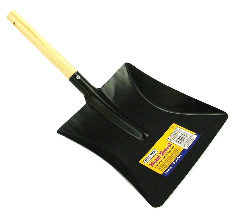  Front view of a large metal shovel with a wooden handle