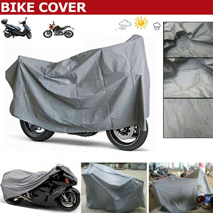 Front view of a grey motorbike cover protecting a motorcycle