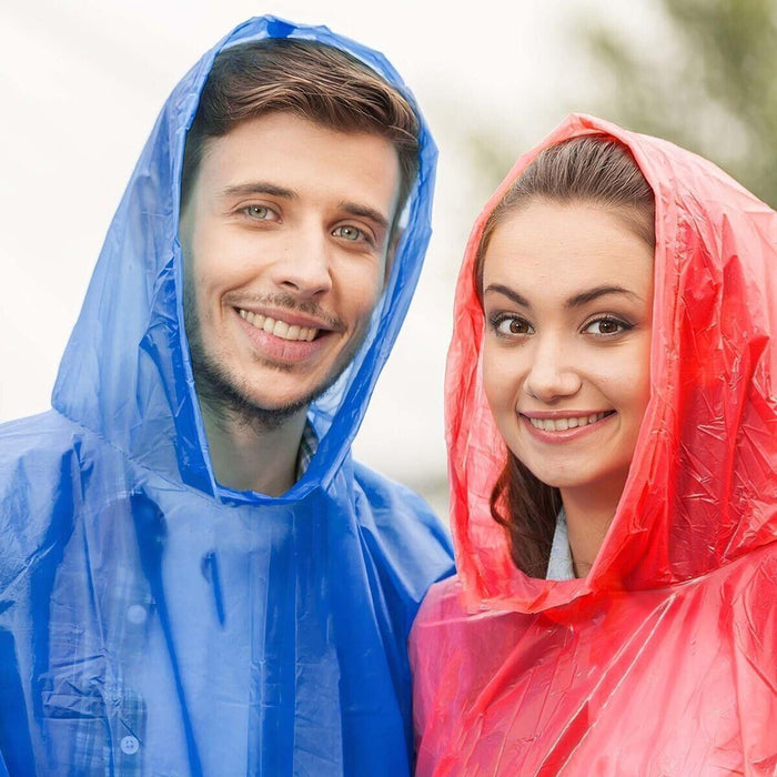 Image displaying individually wrapped rain ponchos for adults, highlighting their convenience