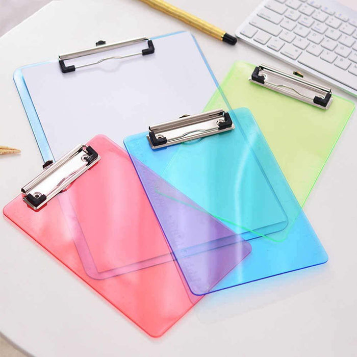 Transparent plastic clipboard for office and school use